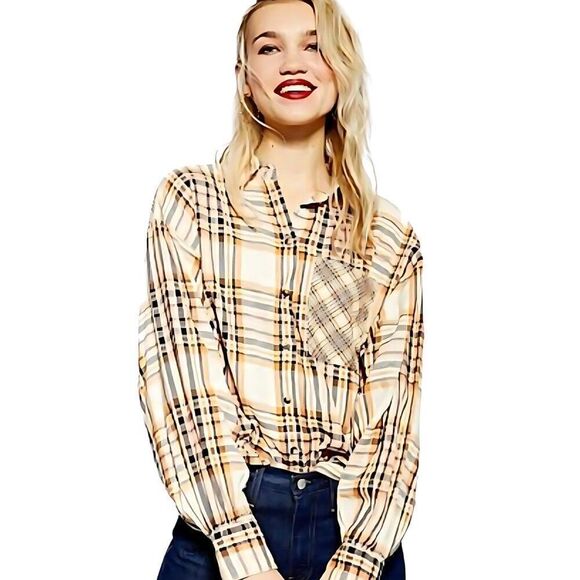Like New Topshop Womens Murphy Orange Black Plaid Button Down Long Sleeve Top - Picture 1 of 2